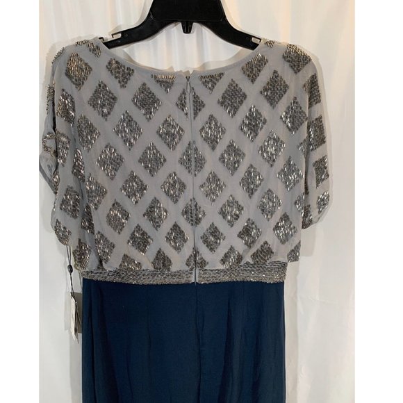 NWT Adrianna Papell Beaded Colorblock Blouson‎ Gown in Silver/Navy [SZ 10 ] - Picture 8 of 11
